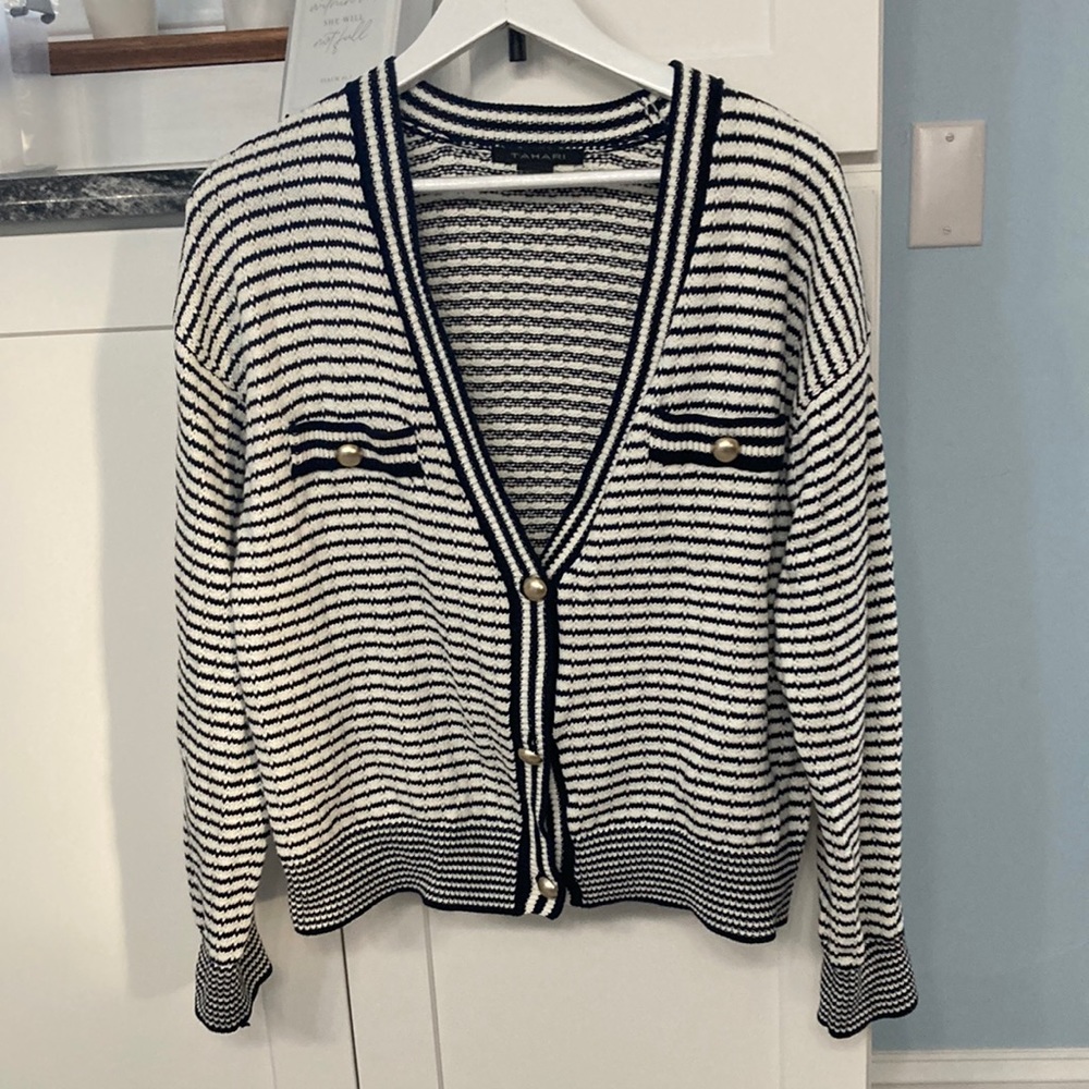 Tahiti navy/white large striped cardigan w/classy gold buttons like new